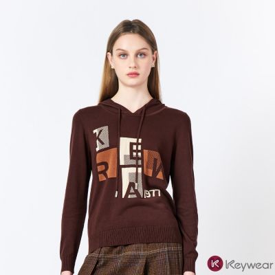 KeyWear奇威名品     字母提花連帽長袖針織上衣-深咖啡色