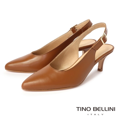 Tino Bellini 義大利進口牛皮尖頭後釦帶6.5CM跟鞋 駝