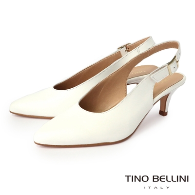 Tino Bellini 義大利進口牛皮尖頭後釦帶6.5CM跟鞋 白