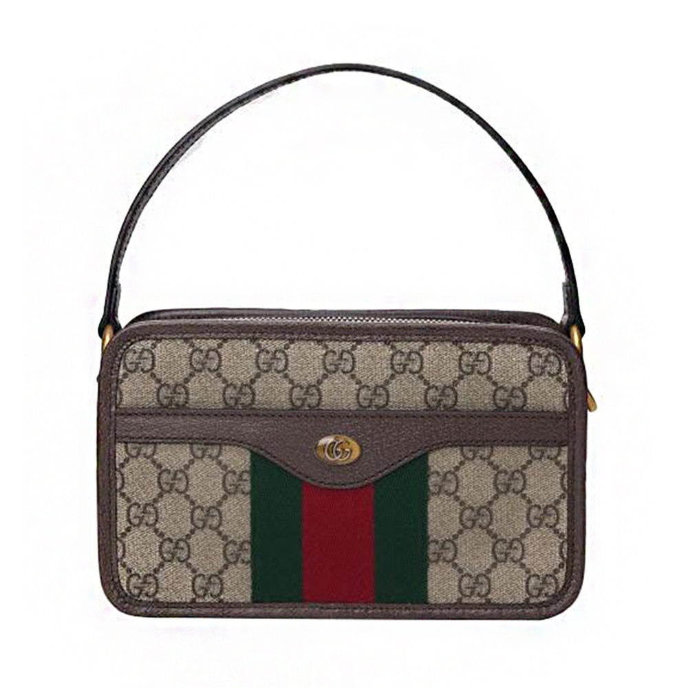 【GUCCI 古馳】779890 經典LOGO綠紅綠織帶手提斜背兩用包(棕色)