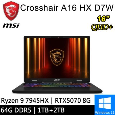 MSI微星 Crosshair A16 HX D7WGKG-044TW-SP10 16吋電競筆電 黑(Ryzen 9 7945HX/64G/1TB+2TB/RTX5070 8G/W11)特仕版