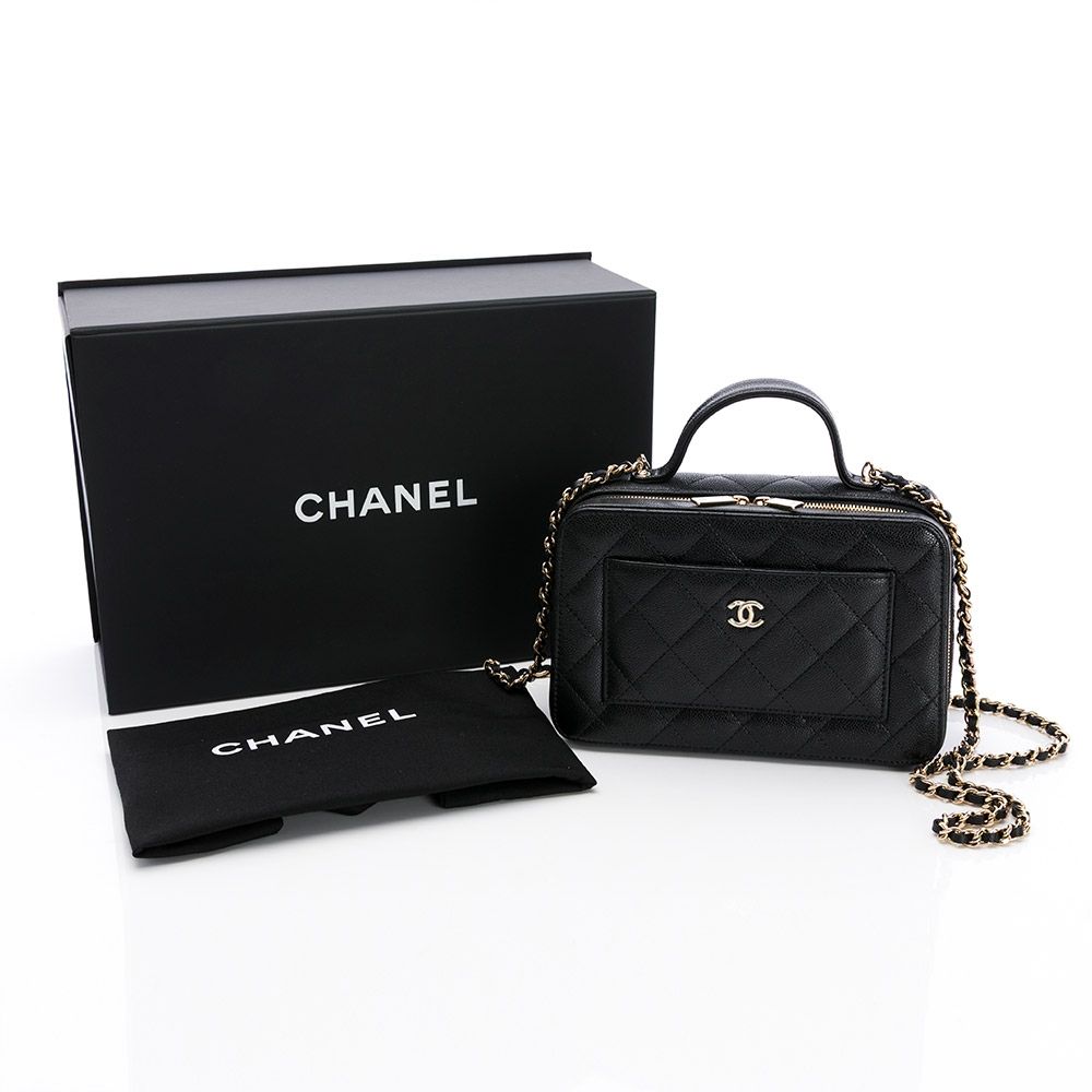 CHANEL 香奈兒 25B 鍊帶化妝包(黑/金) (粒面/金黑雙色鏈帶)