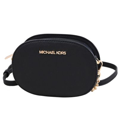 MICHAEL KORS JET SET 金屬LOGO圓形拉鍊斜背包(黑)