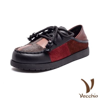 VECCHIO 平底休閒鞋 真皮休閒鞋 兩穿休閒鞋/真皮頭層牛皮撞色拼接串珠繫帶兩穿法設計平底休閒鞋 黑