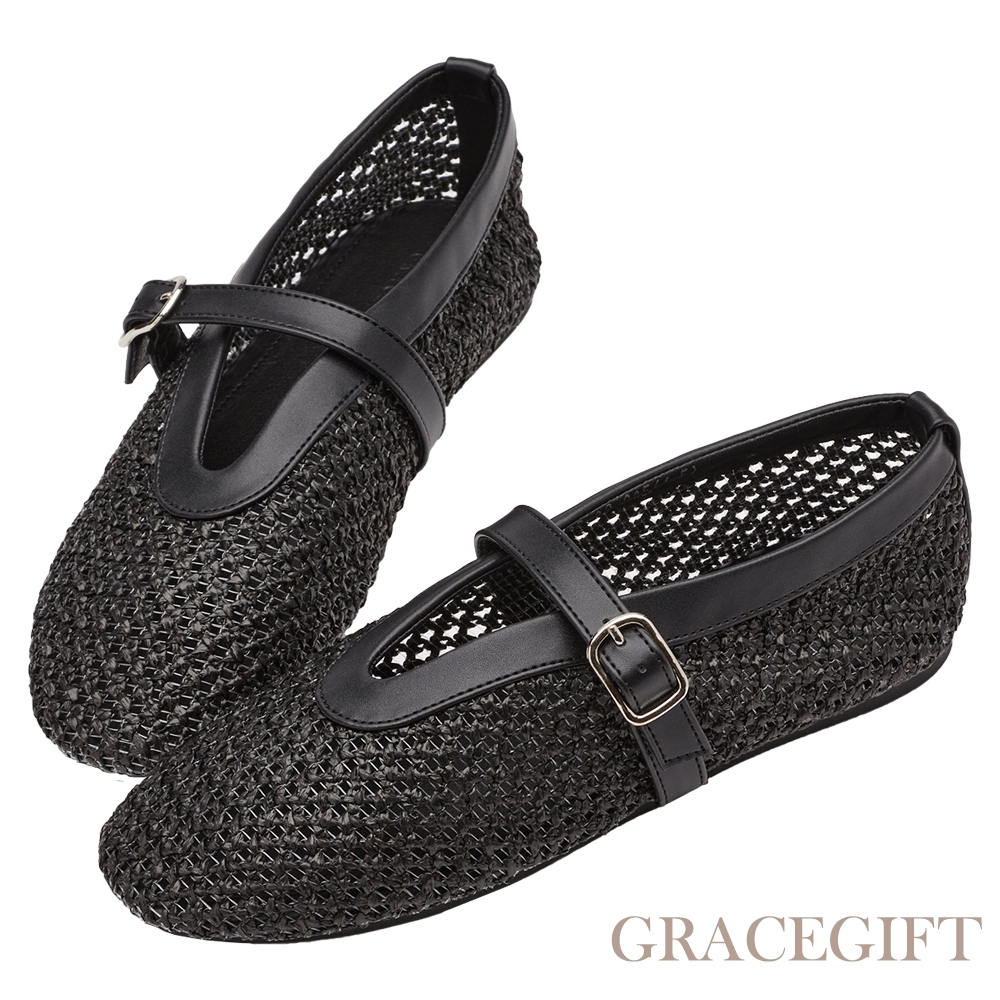 【Grace Gift】法式時髦簍空編織瑪莉珍平底鞋 黑