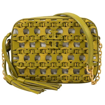 TORY BURCH McGraw Die-Cut 鏤空皮雕設計流蘇斜背相機包(棕梠綠)