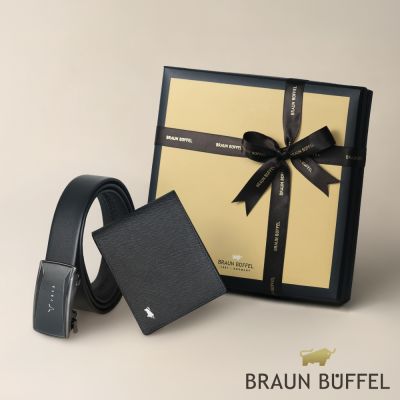 【BRAUN BUFFEL 德國小金牛】台灣總代理 質感送禮-輕奢入門禮盒|HOMME-P 8卡短夾-黑色+職場型男自動扣皮帶-槍色 / 598313-V1912U
