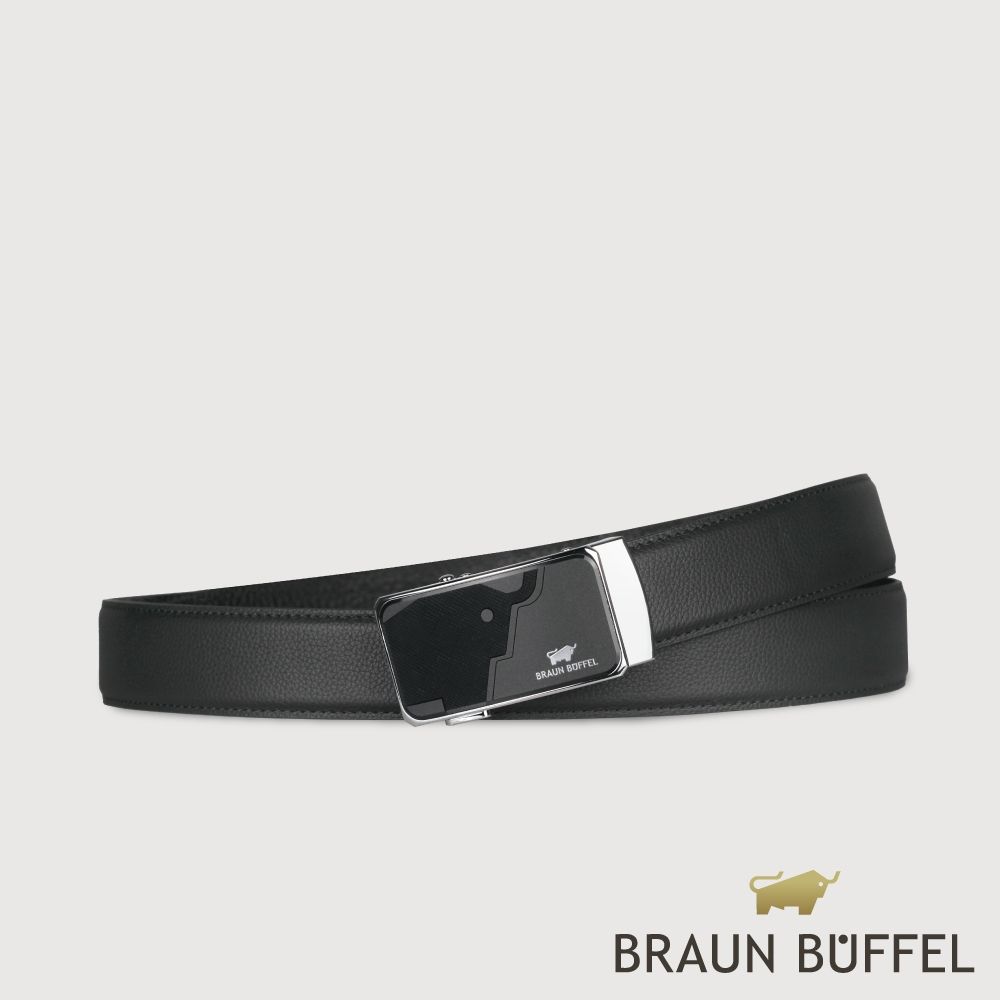 【BRAUN BUFFEL 德國小金牛】台灣總代理 時尚紳士 牛型圖騰自動扣皮帶-銀色/BF25S-WEG213-SNK