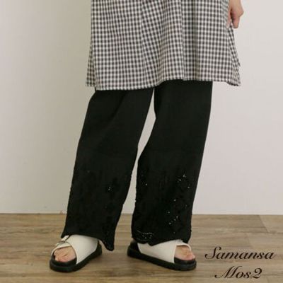 【Samansa Mos2】拼接簍空刺繡鬆緊腰長褲