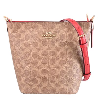COACH 金屬LOGO印花皮革斜背/水桶包(卡其/紅)