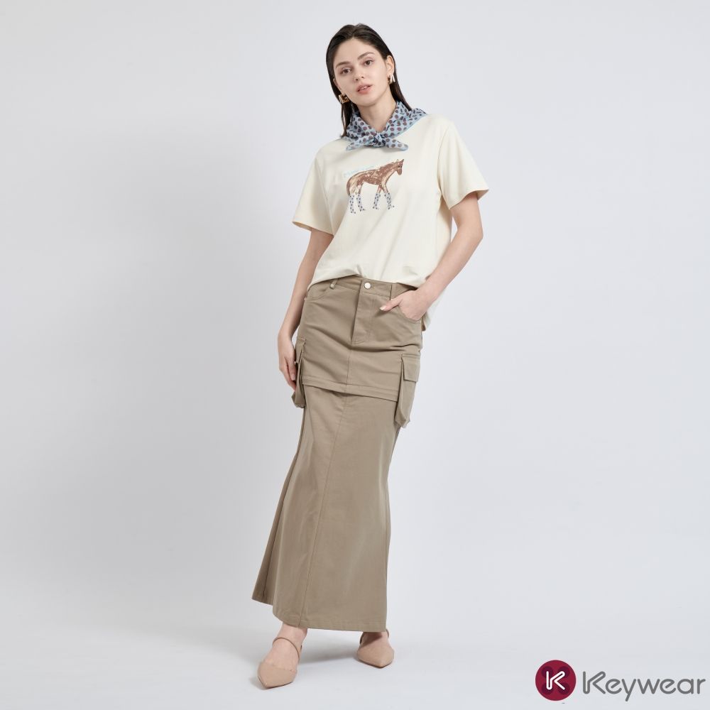 KeyWear奇威名品    顯瘦工裝魚尾長裙/短裙/自行變換兩穿(共2色)-卡其色