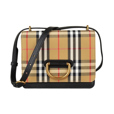 BURBERRY 巴寶莉 SM D-RING金字壓印LOGO金D扣復古格紋設計帆布牛皮飾邊翻蓋斜背包(黑)