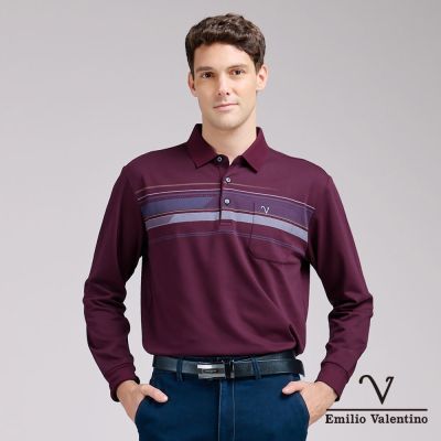 Emilio Valentino 範倫鐵諾 男長袖POLO衫 保暖蓄熱 口袋 紅(15-5V9992)