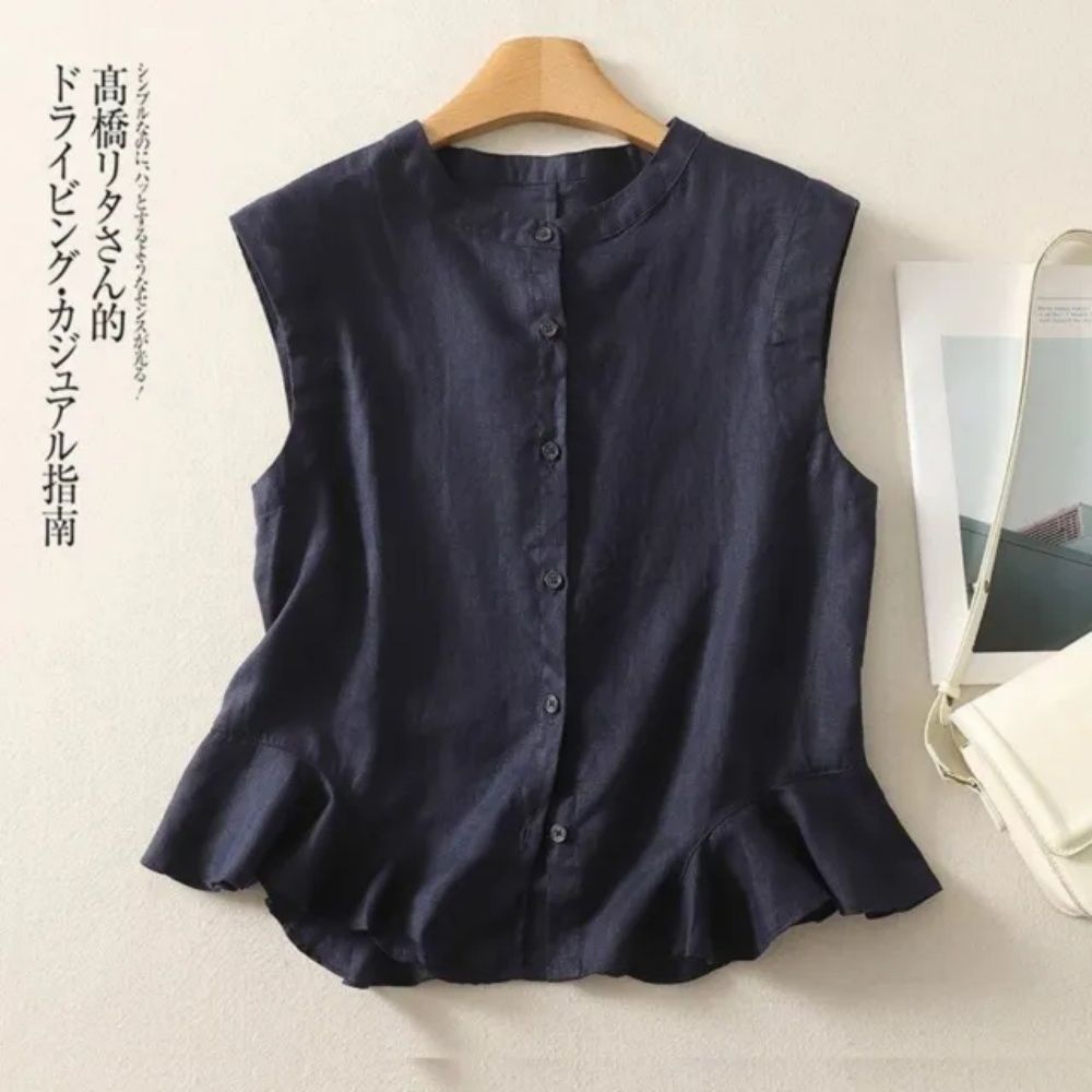 【LANNI 藍尼】★小清新荷葉下襬棉麻背心(女裝/女上衣/無袖背心/休閒/日系/通勤) (藏青)