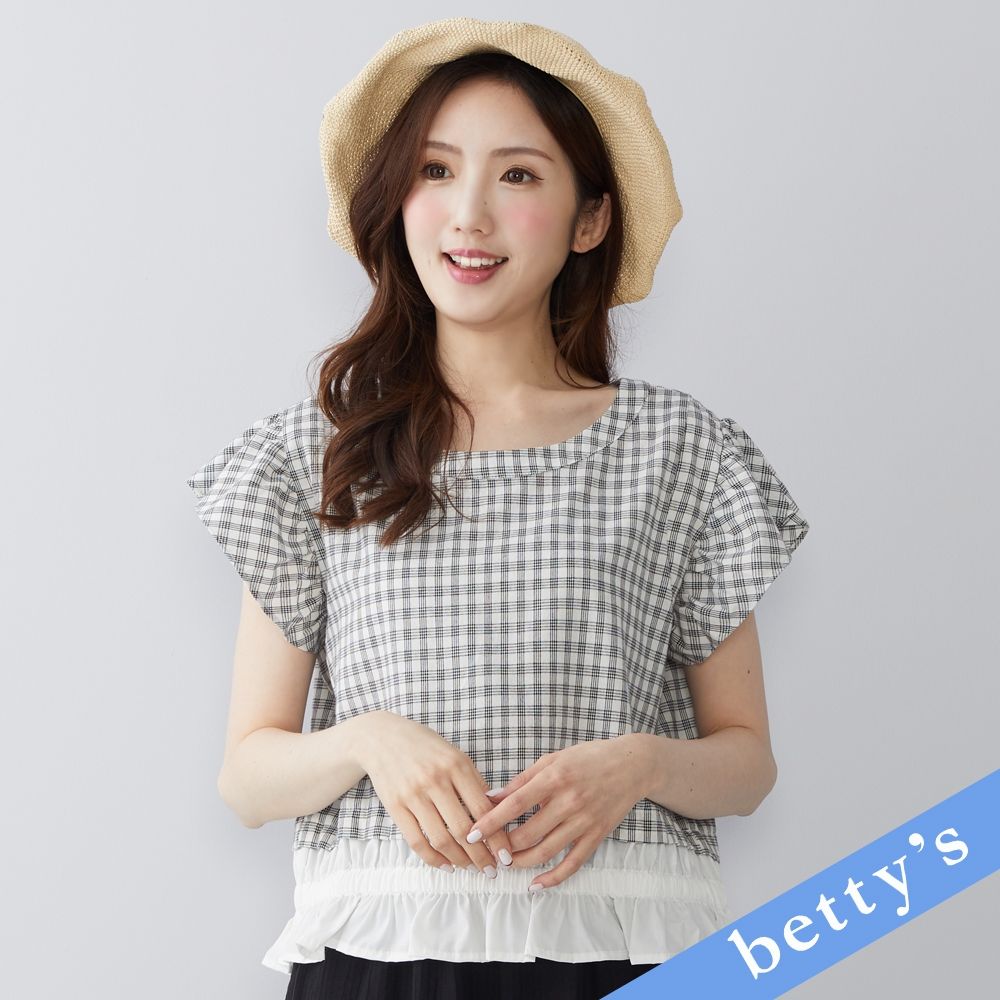 betty’s貝蒂思　格紋喇叭短袖拼接上衣(白色) (白色)