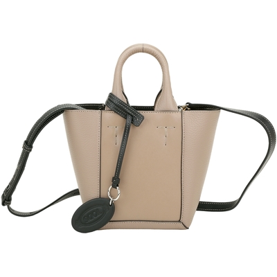 TOD S Double Up 迷你型 荔紋牛皮拼接手提/肩背托特包(附吊飾/奶茶色)