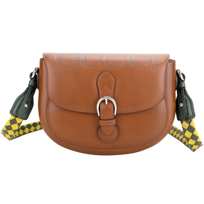 GUCCI 古馳 撞色編織背帶牛皮翻蓋馬鞍包(棕色)