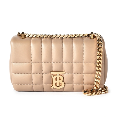 BURBERRY 巴寶莉 TB金屬標誌 Lola絎縫羔羊皮翻蓋式迷你款雙肩背/斜背兩用包-奶茶色