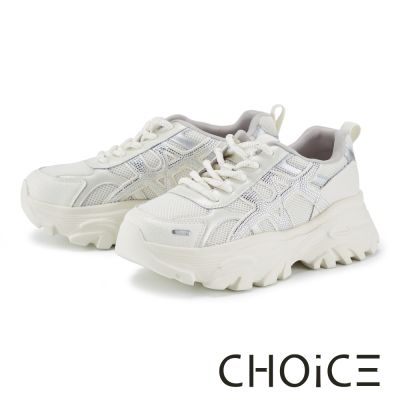 CHOiCE 牛貼皮網布拼接透氣綁帶厚底休閒鞋 米色