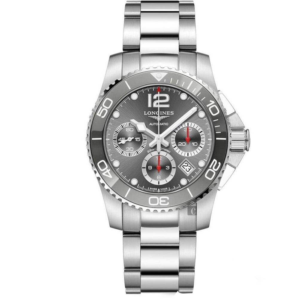 LONGINES 浪琴官方授權深海征服者浪鬼陶瓷計時潛水機械錶-灰x銀/41mm
