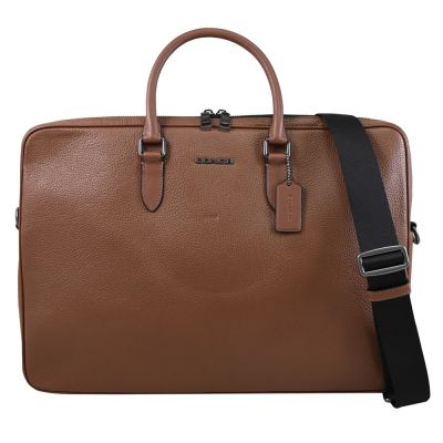 COACH 金屬浮雕LOGO荔紋皮革兩用公事包(咖)