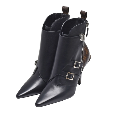 LV Louis Vuitton路易威登 1A586V JANET經典Monogram帆布拼接牛皮細跟踝靴(黑)