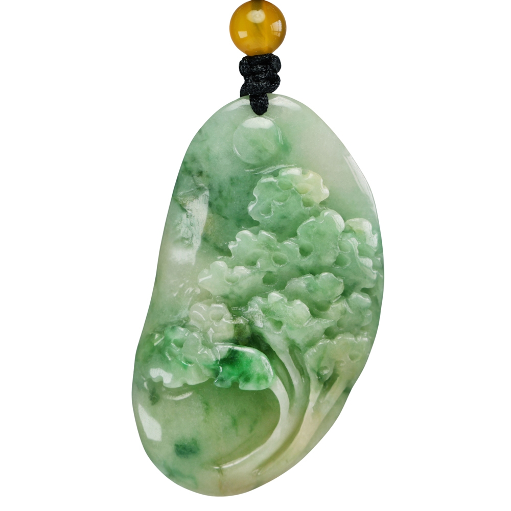 大型 天然石 翡翠 葉形ペンダント 玉葉 吊墜 根付 古美術 唐物 旧家蔵出し 漢石齋】天然翡翠A貨金枝玉葉玉珮吊墜飄花種帶黃翡(25*44*8mm) | 漢石