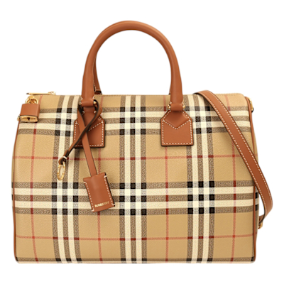 BURBERRY Check 經典防刮PVC 格紋兩用波士頓包(卡其x棕木)中