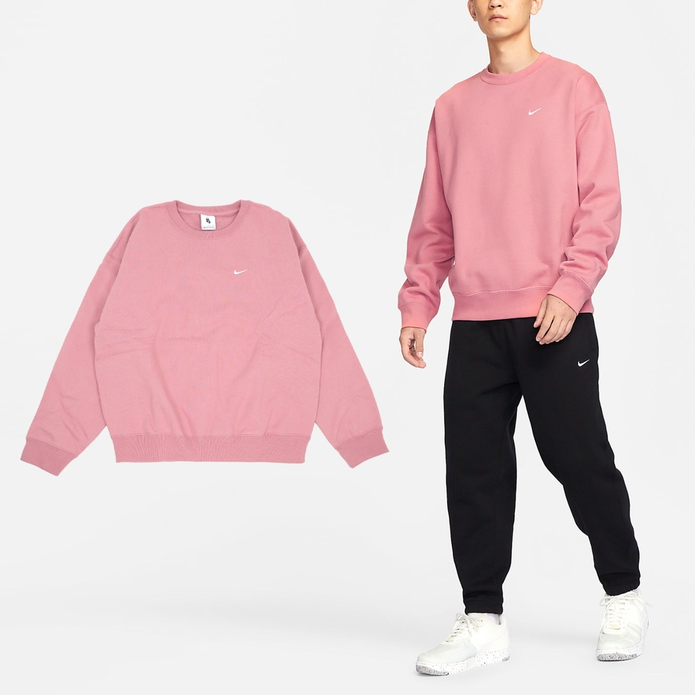 Nike 長袖上衣Lab Solo Swoosh 男款粉白重磅落肩寬鬆大學T 基本款