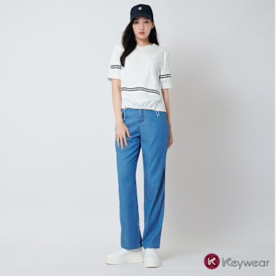 KeyWear奇威名品 切割線條設計直筒牛仔褲-藍色
