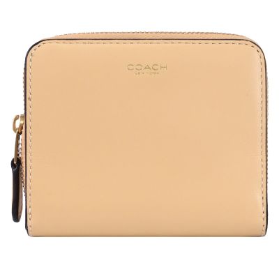 COACH 燙金LOGO素面皮革扣式零錢短夾(米色)