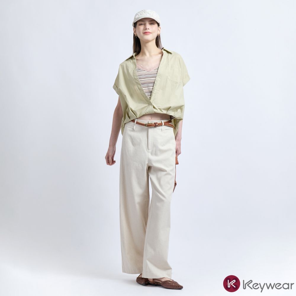 KeyWear奇威名品     知性棉麻簡約寬版長褲(共2色)-米色