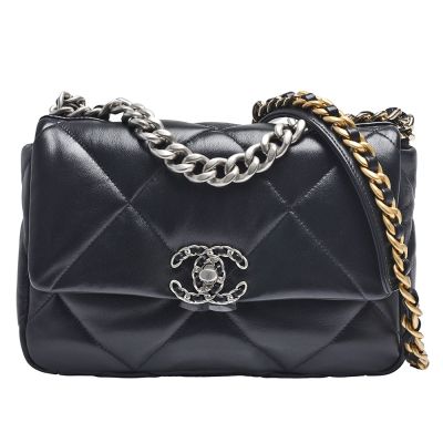 CHANEL香奈兒 19系列經典雙C LOGO菱格紋小牛皮銀色轉釦手提/肩背包(小-黑色)