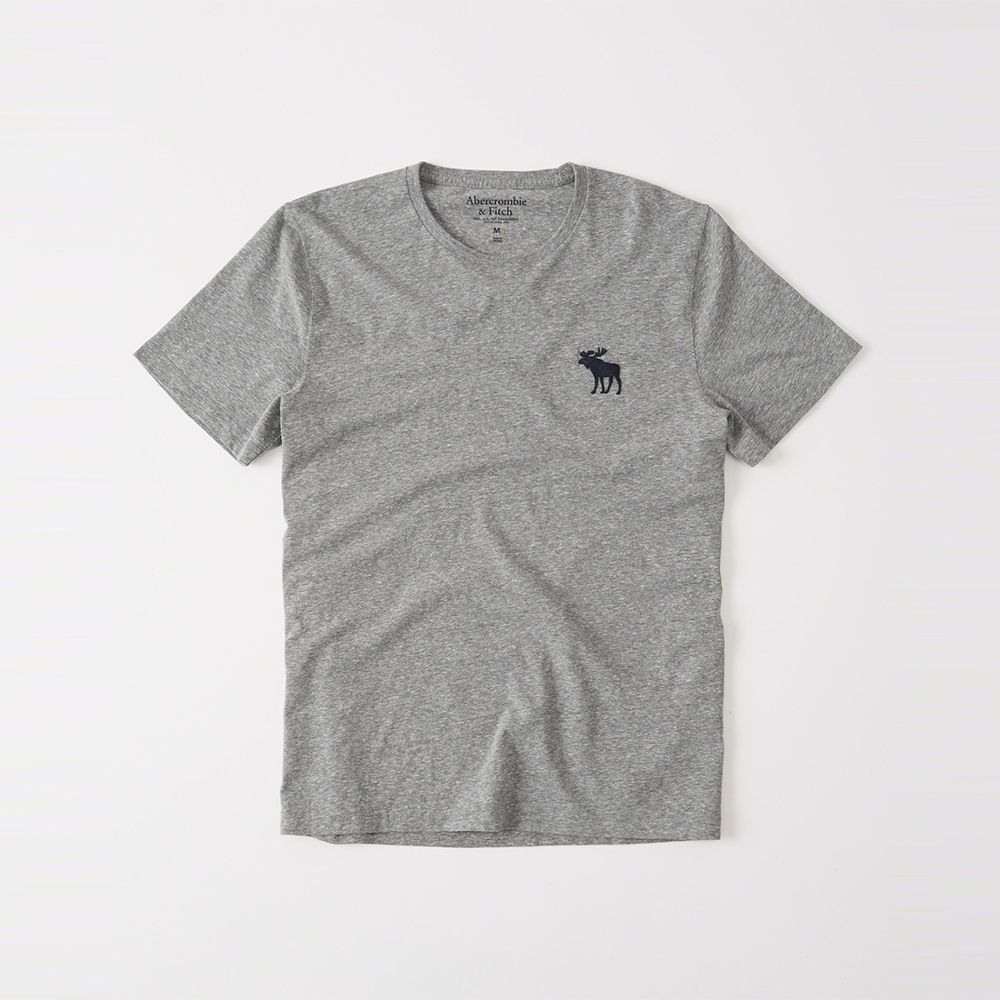 A&F 麋鹿 熱銷刺繡大麋鹿圓領素色短袖T恤-灰色