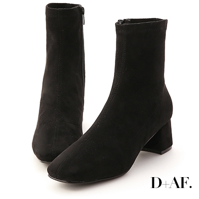 D+AF 秋冬定番.素面合腿中跟方頭襪靴*黑絨
