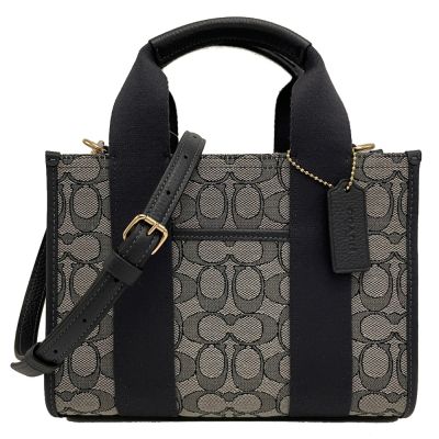 COACH 經典C LOGO緹花織布拚牛皮手提/斜背兩用琴譜方包(藍)