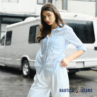 Nautica 女裝 知性細條紋長袖襯衫-藍白色