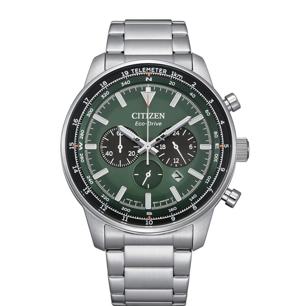 CITIZEN 星辰 官方授權 時尚光動能綠面三眼計時錶-男錶(CA4500-91X)44mm