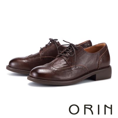 ORIN 抓水洗牛皮雕花綁帶牛津鞋 咖啡