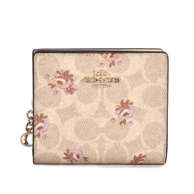 COACH C吊飾 滿版C LOGO花卉圖案 PVC皮革壓釦小短夾-卡其色