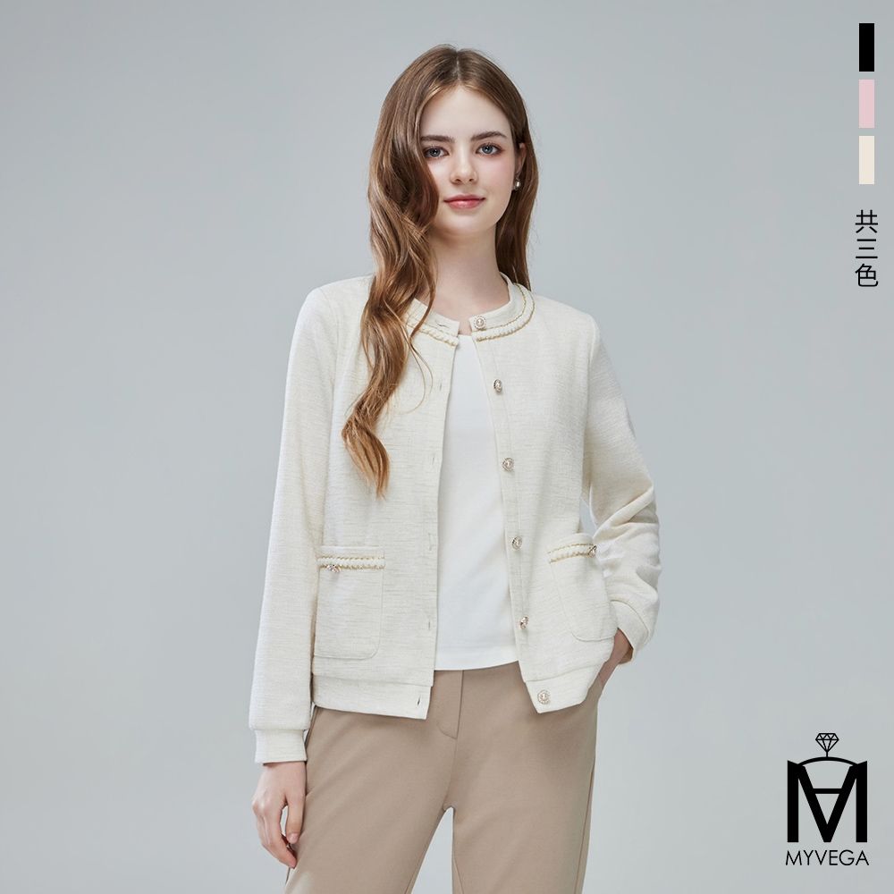 MYVEGA麥雪爾 MA假兩件式小香風金絲線長袖上衣-共三色 (米)