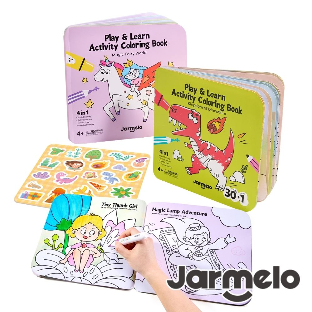 【JarMelo 原創美玩】玩學4合1創意著色書－恐龍與夢幻仙境（2入組）JA99445