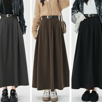 La Belleza素色鬆後緊腰壓摺加厚毛呢料長裙附皮帶