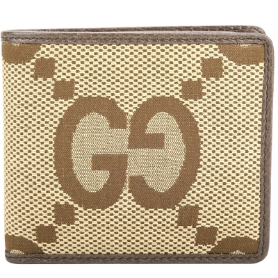 GUCCI古馳 Jumbo GG 老花帆布 8 卡對折短夾，咖啡色系設計，外層為帆布質地，內層為牛皮材質，附贈防塵袋/盒子。尺寸為長11CM、寬1.5CM、高9CM，內部有信用卡層*8、鈔票層*2、內貼袋*2，適合男女使用，為歐洲真品商品。