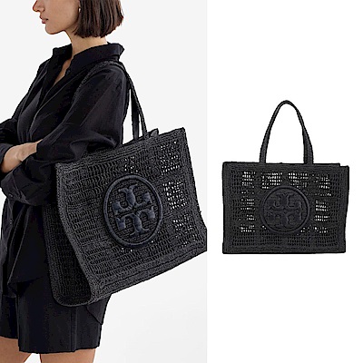 TORY BURCH Ella 大型 仿拉菲草紙手工編織肩背托特包(44CMx黑色)