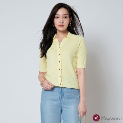 KeyWear奇威名品    POLO領短袖針織上衣-淺黃色