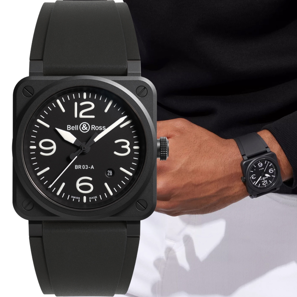 Bell & Ross 黑色啞光陶瓷方形機械腕錶-41mm BR03A-BL-CE/SRB