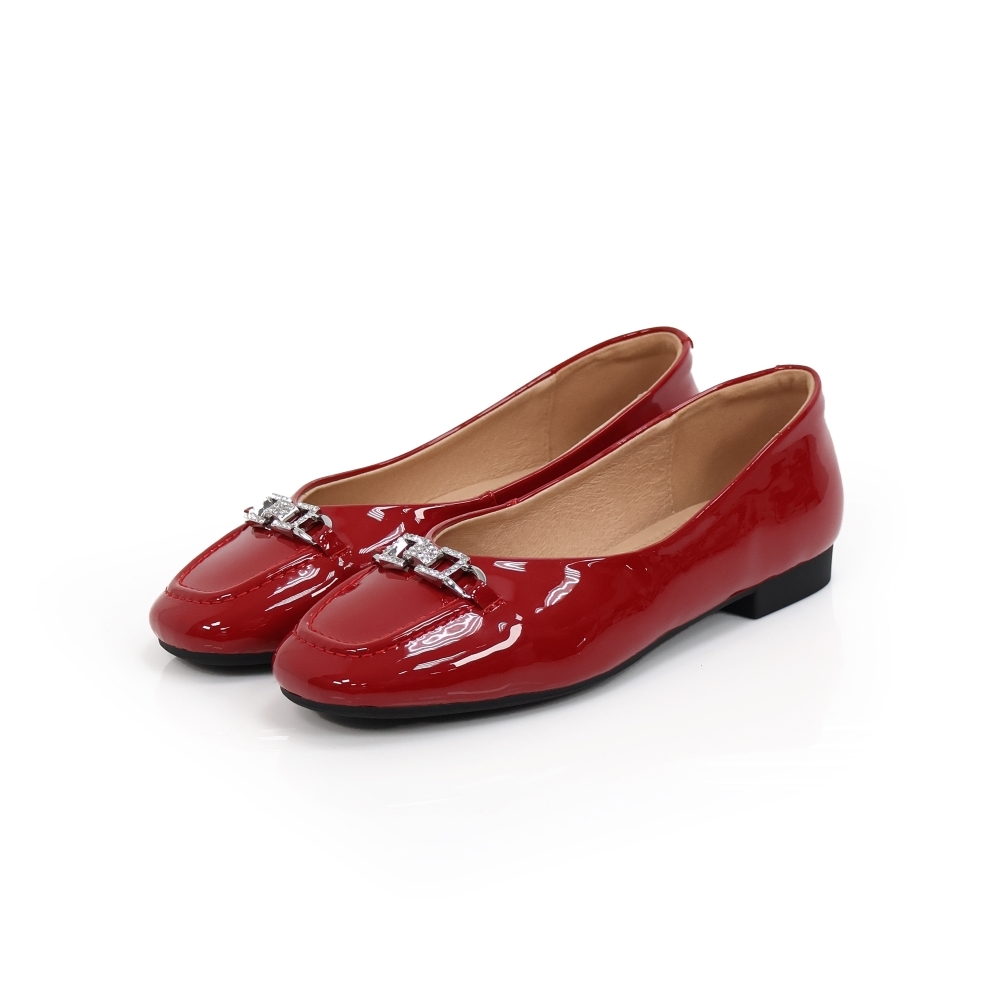 viina簡約水鑽馬銜扣漆皮平底娃娃鞋-紅 (viina)