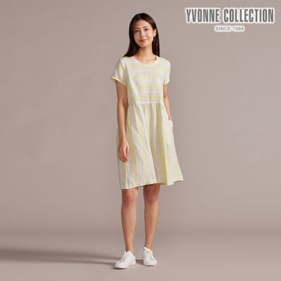 YVONNE 以旺傢飾 網路限定 |  寬條紋拼接亞麻短袖洋裝-淺綠