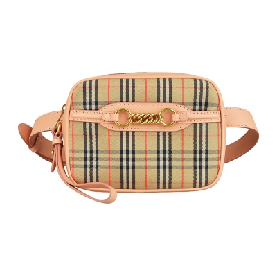 BURBERRY 巴寶莉 Link 刺繡戰馬LOGO格紋設計帆布搭牛皮飾邊手拿腰包(典藏米x蜜桃粉)